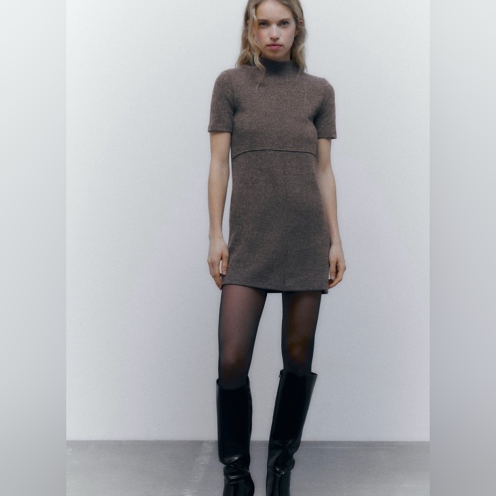 Zara Mock Neck Seamed mini Brown Knit Dress